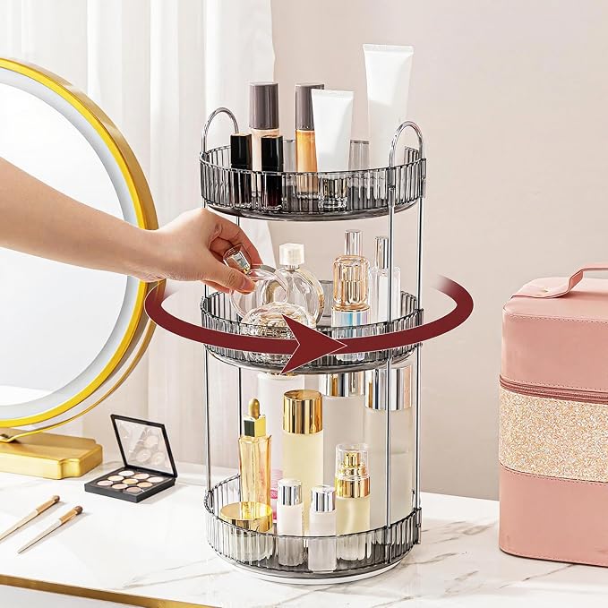 INVSSENE 360° Rotating Makeup Organizer, Bathroom Make Up Spinning Holder Rack, Large Capacity Cosmetics Storage Vanity Shelf Countertop, Fits Cosmetics, Perfume, Skincare, Lipsticks(3 Tiers, Gray)