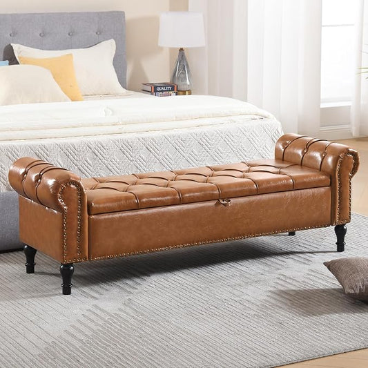 Faux Leather Storage Bench for Bed Room 67 Inch Upholstered Tufted Ottoman Bench with Arms King Size Large Storage Space End of Bed Benches for Bedroom Living Room Entryway Brown