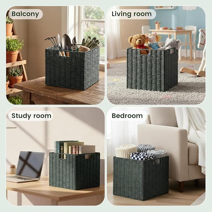 Set of 2 Hand-Woven Paper Rope Wicker Baskets, Storage Basket, Foldable Cube Storage Bins, Green Storage Cubes, Square Baskets for Organizing Shelves, 12x12x12in