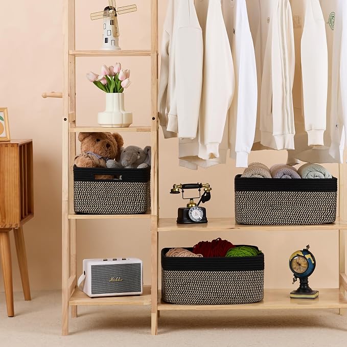 MiniArk Large Storage Baskets for Shelves, 17 x 13 x 7.5” Closet Organizers Bins for Clothes Blanket Towels, Baby Nursery, Toy Baskets Box, Woven Rope Baskets, 3 Packs Woven Brown
