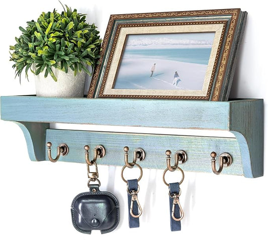 Rebee Vision Key Holder Wall Mount for Room Decor, Distressed Blue | Pine Wood, 5 Key Hooks, Key Holder for Wall, Plant Display, Entryway Organizer, Home Storage for Apartment Essentials