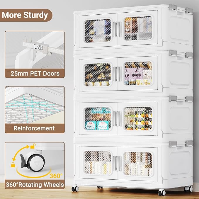 BROVIEW 50 Qt/12.5 Gal Stackable Storage Bins with Lids, 1 Pack, White | Small Stackable Storage Boxes w/ 1 Lid Folding Plastic Cart Organizer for Home Kitchen, Open Front Clear Door with Wheels