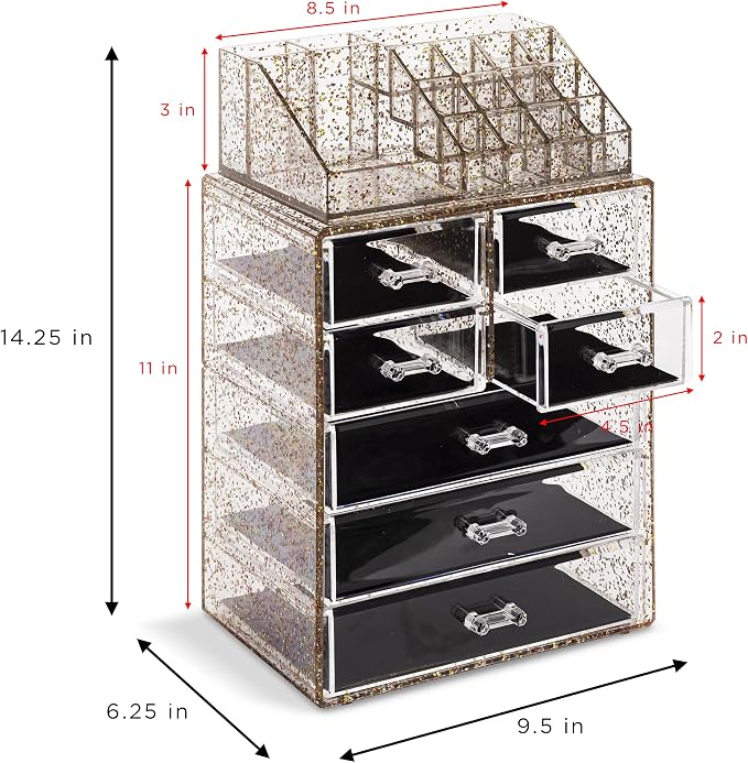Sorbus Acrylic Makeup Organizer Set, 7-Drawer Vanity & Countertop Cosmetic Storage with Small & Wide Compartments, Glitter Makeup Storage for Brushes, Jewelry – Holiday Gift for Women & Teens