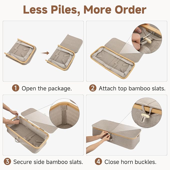 StorageWorks Underbed Storage Containers with Lids, 2-Pack 7" Low Profile Under Bed Storage Box with Bamboo Frame for Clothes, Bedding, Blankets and Shoes, 42L Sturdy Fabric Organizer, Taupe