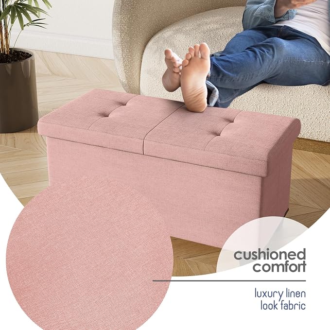 Storage Ottoman Bench with Bins, 30-in Storage Bench for Bedroom End of Bed, Folding Foot Rest Ottoman for Living Room Max 660lbs, Fabric Ottomans, Pink