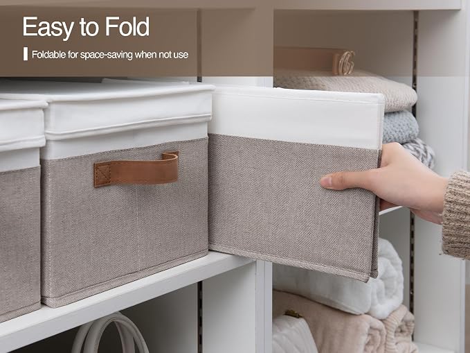StorageWorks Fabric Storage Bins with Lids, Decorative Storage Bins with PU Handles, Foldable Storage Baskets for Closet, Shelves, Stackable and Sturdy Organization, Brown and White, Large, 3-Pack