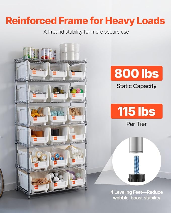 VEVOR 7-Tier Rolling Bin Storage Rack, 18 Organizer Bins, Bin Rack Storage Steel Wire Shelving System with Wheels, Mobile Tool Organizer for Garage, Warehouse, Office, Restaurant, Classroom, Kitchen
