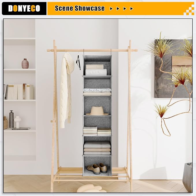 Hanging Closet Organizer 6-Shelf, Oxford Linen Wardrobe Storage, Gray | Easy-mount foldable design holds clothes, handbags, shoes & accessories; washable Oxford fabric, sturdy and space-saving.