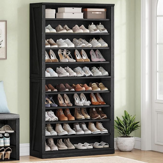 Hzuaneri Shoe Storage Cabinet,10 Tiers Farmhouse Tall Shoe Cubby Organizer | Freestanding Shoe Cabinets, Wooden Shoes Rack with Cubby, 36-40 Pairs, for Entryway, Living Room, Black SR59204X