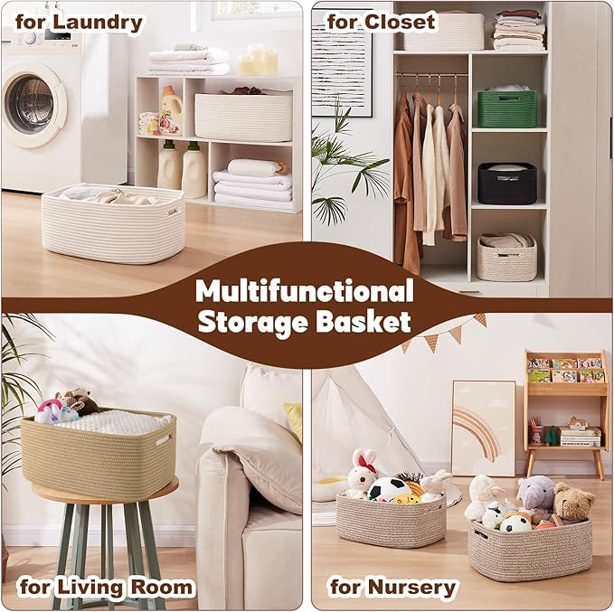 OIAHOMY Storage Basket for Shelves, Closet Cube Storage Bins Baskets for Clothes Blanket Towels, Baby Nursery, Toy Baskets Box, Woven Rope Basket, 15.75 * 11.81 * 7.09 ININ, 2 Packs Jute Yellow