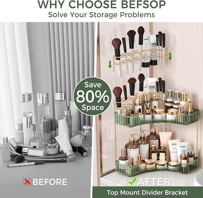 BEFSOP Corner Bathroom Counter Organizer, Upgraded 2-Tier Makeup Organizer Countertop with Makeup Brush Holder, Skincare Exquisite Vanity Organizers Countertop Bathroom Storage Dresser(Green)