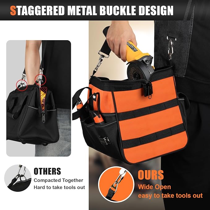 UUP 18" Large Tool Bag, Heavy Duty Spacious Tool Box Organizer, Orange | 16 Pockets & MOLLE. Detachable Strap & Handle. Non-slip Base, Metal Buckle. 30lb Holds Drill/Tool on Truck, Garage, Men Gift.