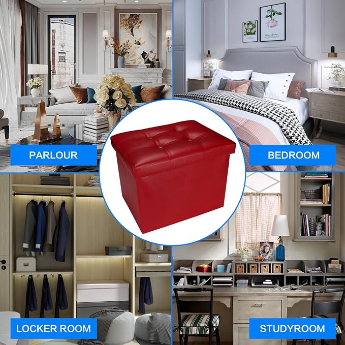 Bsketa Storage Ottoman, Folding Foot Stool with Thicker Foam Padded Seat Small Leather Storage Ottoman Bench Foot Rest for Living Room Foldable Coffee Table 17x13x13in,Red | Ottoman with Storage, Thicker Foam Padded Seat, Living Room, Dorm, Bedroom, Lo...