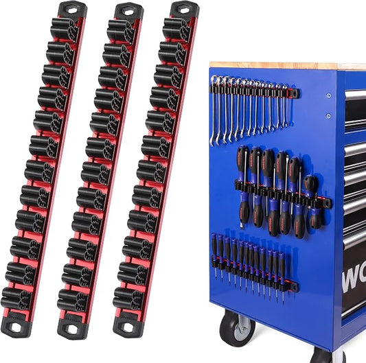 WORKPRO Magnetic Screwdriver and Wrench Organizer Set, 36-Slot Tool Holders | 3-Pack Aluminum Rails, Magnetic Force, Flexible High-Tension Tool Clips, For Tool Box Drawer & Wall-Mount Storage