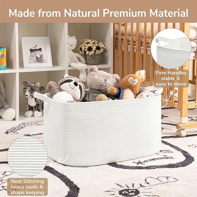 Goodpick Large Cotton Rope Blanket Basket, Rectangle, White | 21.6 x 14.9 x 11.8 in, Reinforced Handles, Living Room, Bedroom & Nursery Organization, Blankets, Toys & Bedding Storage