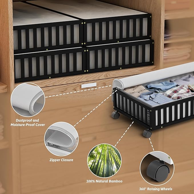 2 Pack Large Bamboo Under Bed Storage Containers with Wheels, Black | Underbed Drawer Storage with Bag, Wood Rolling Underbed Organizer for Shoes, Sheets Clothes Blanket Comforter, Under Crib Toy