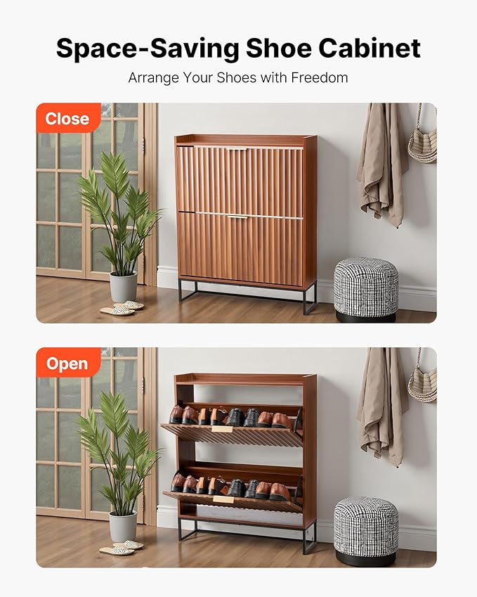 VEVOR Shoe Cabinet with 2 Flip Drawers, Mid-Century Shoes Storage Cabinet with Anti-Tipping Device, Freestanding Fluted Shoe Organizer, Ideal for Entrance, Hallway, Bedroom, Living Room, Walnut