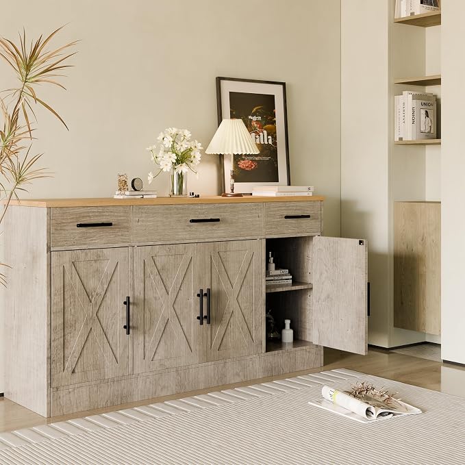 Kitchen Storage Cabinets, Farmhouse Buffet Cabinet with 4 Doors and 3 Drawers, Sideboard Small Storage Cabinet with Adjustable Shelf, for Kitchen, Dining Room & Living Room, Grey