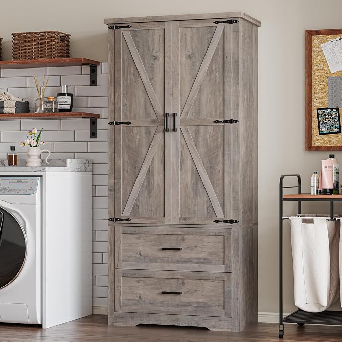 BORNOON Pantry Organizers and Storage Cabinet, 71” Barn Door White Kitchen Cabinet with Drawers and Adjustable Shelf, Tall Pantry for Kitchen, Dining Room, Living Room. Bathroom and Office