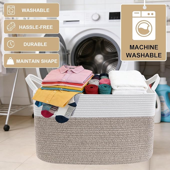 65L Collapsible Woven Rope Laundry Basket with Handles-White/Brown | 21x16x12 Foldable Rectangular Blanket Basket for Toys, Clothes & Pillows,Ideal for Nursery, Bathroom, Bedroom, Living Room