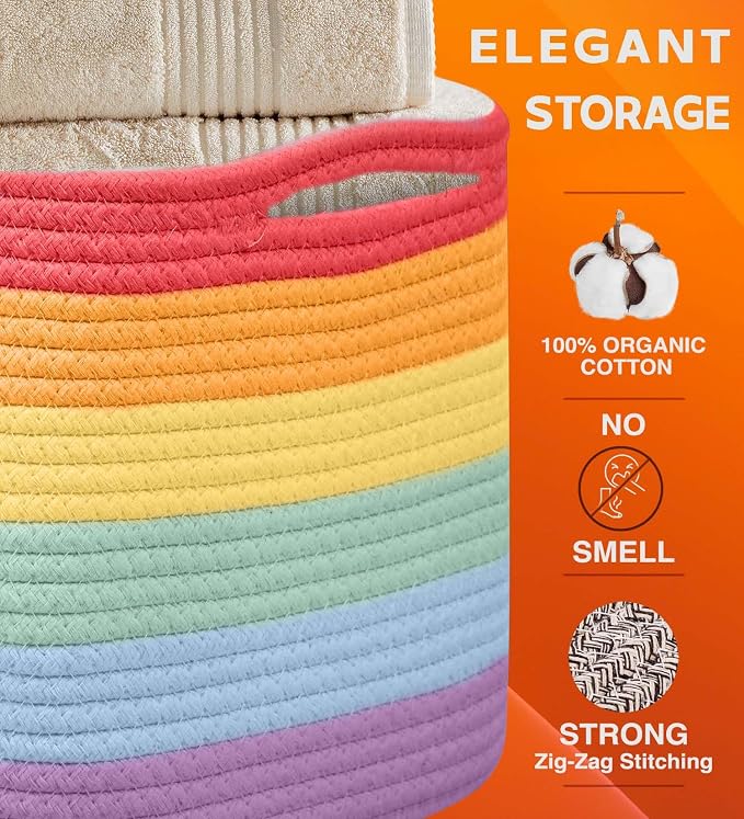 CHAT BLANC Cotton Rope Baskets for Organizing, Shelves, Toys, Storage, Shoe, Bathroom, Laundry, Towel, Nursery, Home Decor, Blanket, Cloth Woven Bins Fabric (Rainbow, 15"x10"x9")