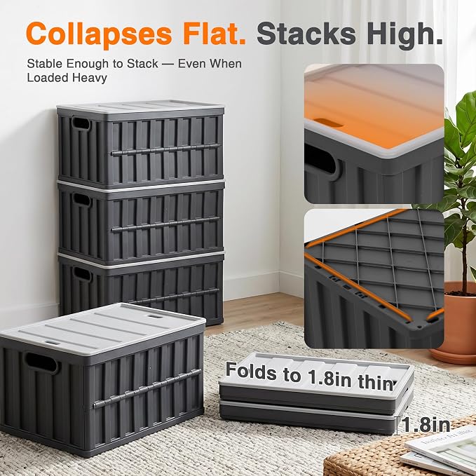 Citylife 64L Collapsible Storage Bins with Lids Plastic Storage Containers for Organizing Stackable Storage Box Large Heavy Duty Utility Crates, 2 Packs