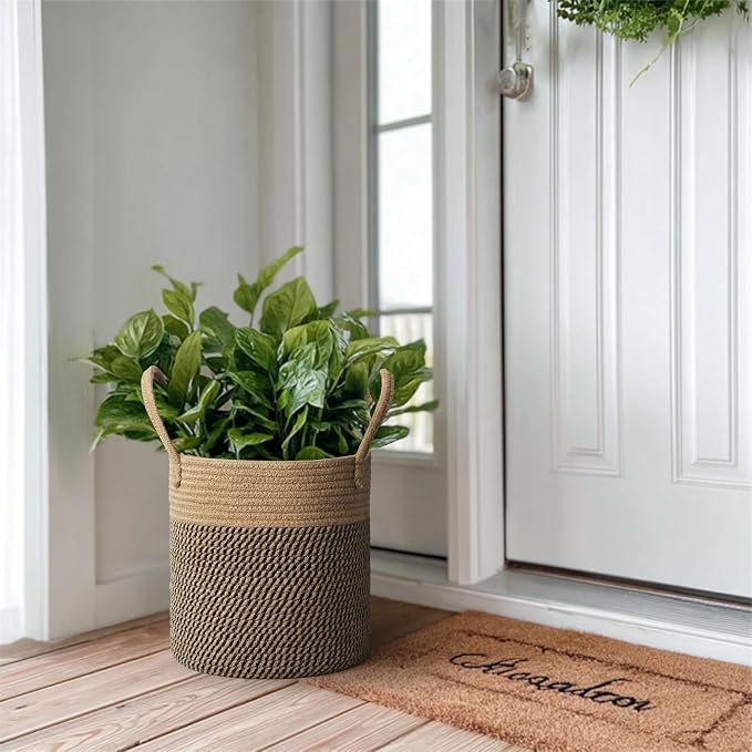 Round Wicker Basket with Handle, 11" Woven Jute Plant Basket for 10" Pot, Indoor Boho Tree Planter, Decorative Flower Pot Cover, Rustic Holder for Plants, Shoe Bin for Entryway, Black Stripes