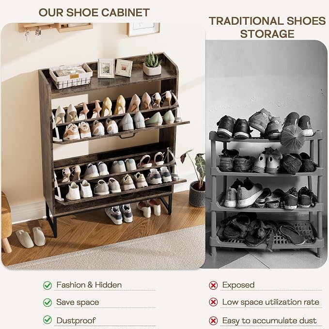Nicetree Shoe Cabinet with 2 Flip Drawers, Entryway Organizer, Chestnut | Slim Wood Shoe Rack with Metal Legs, Farmhouse Shoe Cabinet Storage for Entryway, Foyer, Hallway, Shoe Dresser with Hook