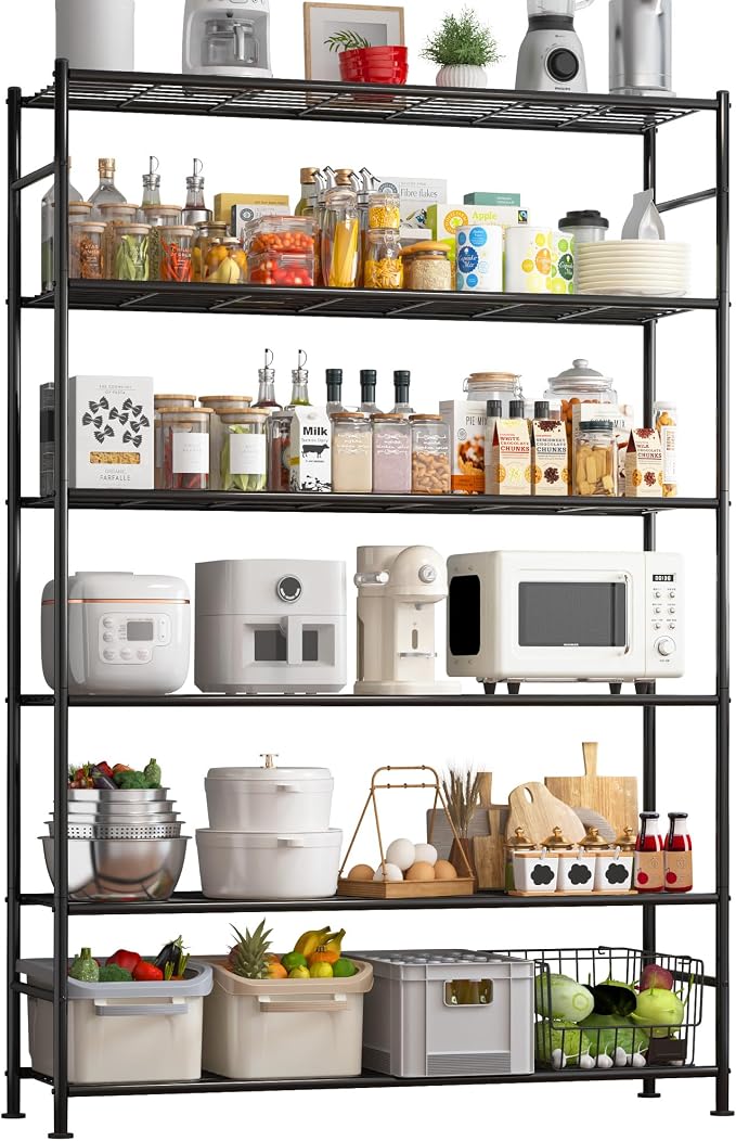Sakugi Storage Shelves - 6 Tier Shelf Organizer, Heavy Duty Garage Shelving Unit with Leveling Feet, Stable Metal Shelves Organizer for Pantry, Kitchen and Closet, 46.3" W x 12.6" D x 76.1" H, Black
