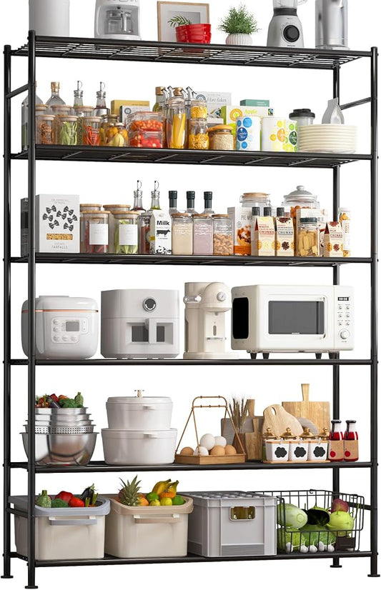 Sakugi Storage Shelves - 6 Tier Shelf Organizer, Heavy Duty Garage Shelving Unit with Leveling Feet, Stable Metal Shelves Organizer for Pantry, Kitchen and Closet, 46.3" W x 12.6" D x 76.1" H, Black