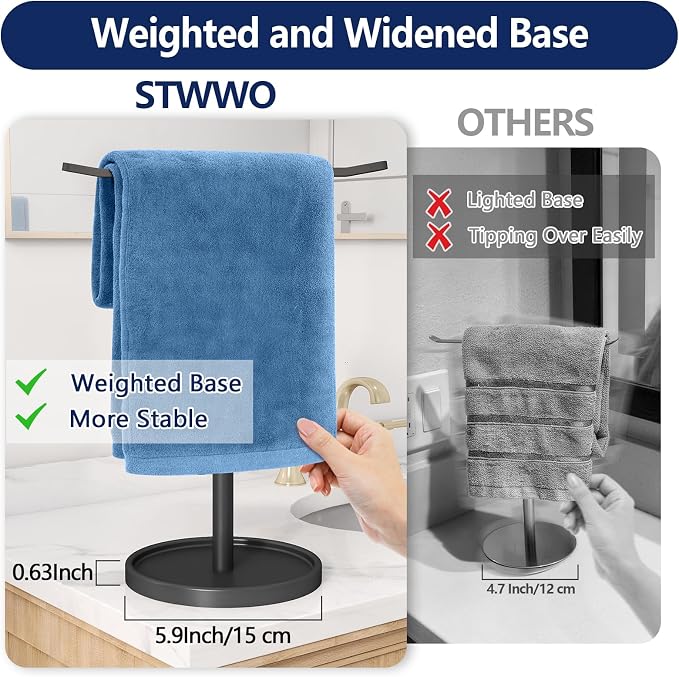 STWWO Hand Towel Holder, Stainless Steel Towel Holder Stand for Bathroom, Kitchen Countertop, T-Shaped Hand Towel Rack Stand, Black