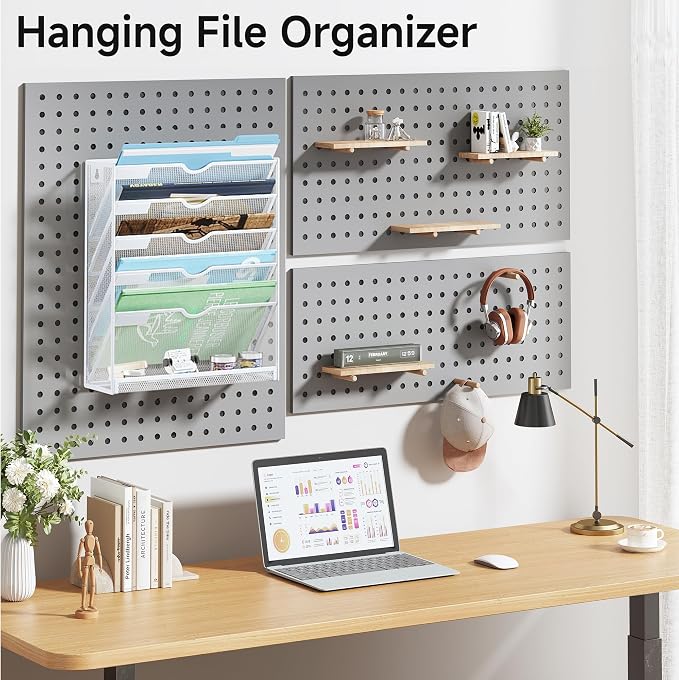 Lavatino 6-Tier Hanging File Organizer with Hooks – No Installation Needed, Wall-Mounted File & Magazine Organizer for Office and Home (White)