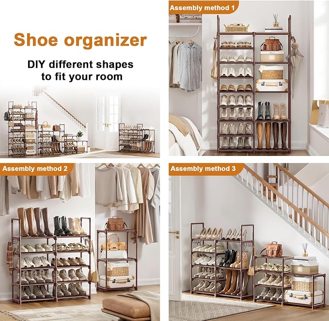WOWLIVE 9 Tier 2-Column Shoe Rack, 30-35 Pairs Stackable Brown | Compact 33.75in long fits narrow spaces. Removable layers for boots/heels. Split design for flexible layout.