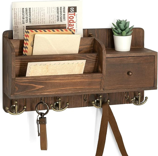 Rebee Vision Pine Wood Key Holder Wall Mount with Mail Sorter, Retro Brown | Mail and Key Organizer for Wall, 7 Key Hooks, Drawer Organizer, Store Envelopes, Mail Organizer for Wall, Ideal for Entryway