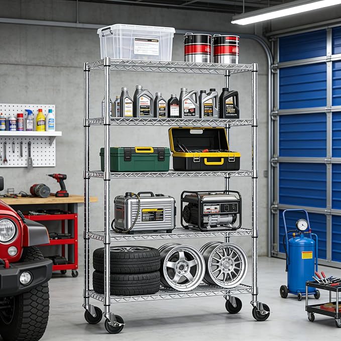 IZEUK 5-Tier Storage Shelving Unit with Wheels, Adjustable Heavy Duty Steel Wire Rack Organizer (Chrome, 17.7" D x 47.2" W x 76.7" H, 1750 lbs Capacity) for Garage, Kitchen, Pantry, Laundry, Basement