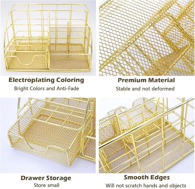 Gold Desk Organizers,Desk Accessories,Office Supplies Set,13PS Set with Acrylic Stapler,Tape Dispenser,Staple Remover,Pen Holder,Clips,Scissor, Phone Holder,Pen