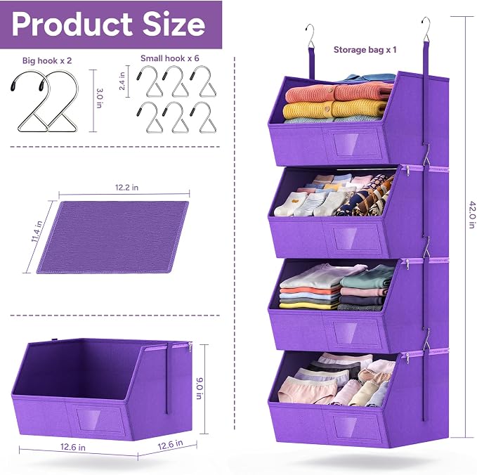 Hanging Closet Organizer, Detachable Hanging Storage Shelves | Reinforced Side Panels, Dorm Closet Organizer, RV Closet Organizers and Storage, Organizer for Clothes, Sweaters,Socks Purple
