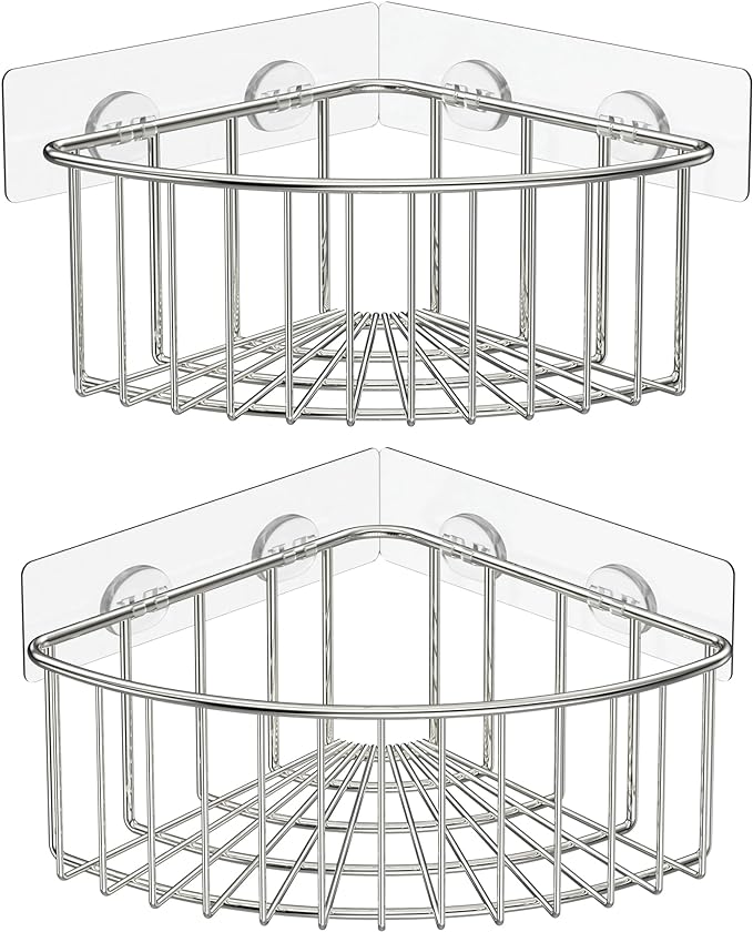 SMARTAKE 2-Pack Corner Shower Caddy Deep Basket, SUS304 Stainless Steel | Wall Mounted Bathroom Shelf with Adhesive, Storage Organizer for Toilet, Dorm and Kitchen , Silver