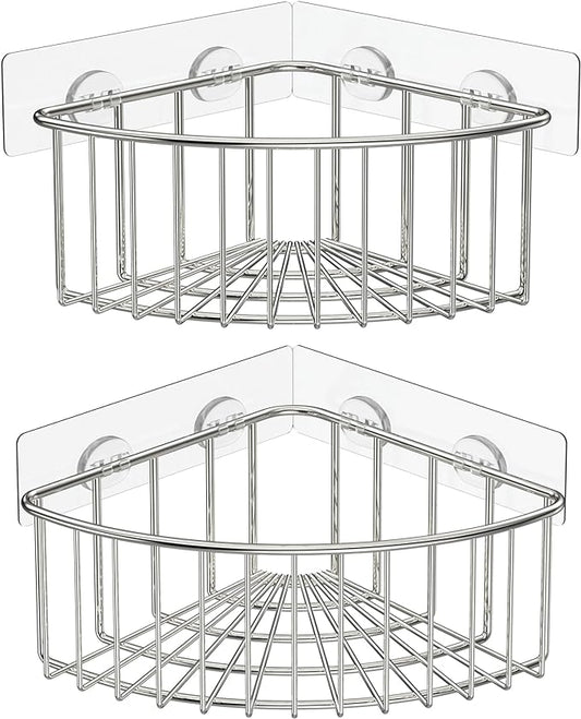 SMARTAKE 2-Pack Corner Shower Caddy Deep Basket, SUS304 Stainless Steel | Wall Mounted Bathroom Shelf with Adhesive, Storage Organizer for Toilet, Dorm and Kitchen , Silver