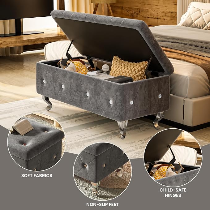 Recaceik Ottoman with Storage, Small Upholstered Storage Bench for Bedroom, Ottoman Bench with Legs for Living Room, End of Bed, Entryway, Window, Grey