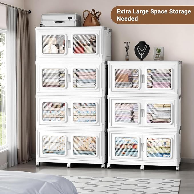 BROVIEW 880 Qt/220 Gal Stackable Storage Bins with Lids, 4 Pack, White | Large Stackable Storage Boxes w/ 4 Lid Folding Plastic Cart Organizer for Home Kitchen, Open Front Clear Door with Wheels