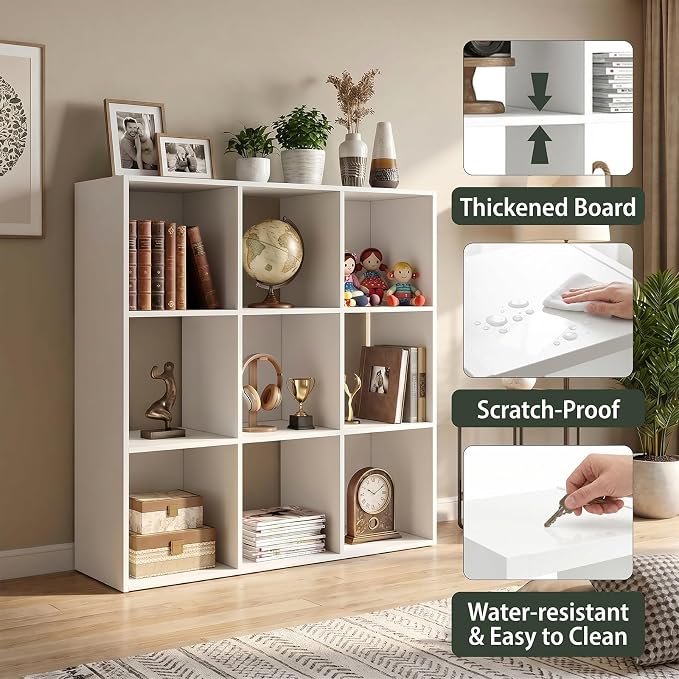 WannabeMyself【Sturdy Build&Easy Assembly】 9 Cube Storage Organizer with Anti-Tipping Kits,Reversible Open Back Book Shelf, Bookcase for Living Room,Bedroom,Entrance Hall,Office,35.8×11.4×35.9,White