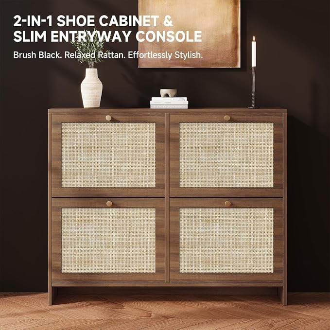 Nicetree Shoe Cabinet Storage for Entryway, 4-Flip Drawer Narrow Shoe Rack, Organic Modern Rattan Shoe Organizer, Shoe Organizer Fits Men's Size 13.5, Walnut