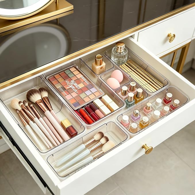 Extendable Drawer Organizer, 14 pcs Bathroom & Vanity Adjustable Drawer Organizers Tray, 3-size Clear Plastic Storage Bin for Makeup, Office Desk, Kitchen, Bedroom, Cabinet Drawer