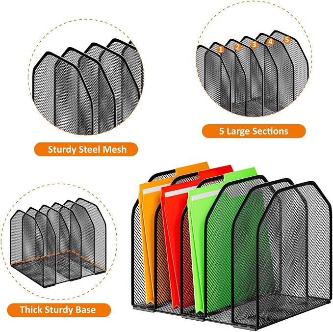 Desk File Organizer, Adjustable 5 Sections Upright Desktop File Sorter | Sturdy, Metal, Mesh, Vertical, Bookshelf, File Holder, Workspace Accessories, for Home,School,Office Classroom,Black