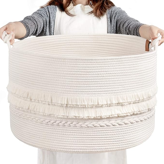 CherryNow 90L Large Woven Rope Blanket Basket with Tassel, 22" x 14", White | Boho Basket for Toys, Clothes & Pillows Storage, Fits Bedroom Living Room Home Décor, Laundry Hamper with Knotted Handles