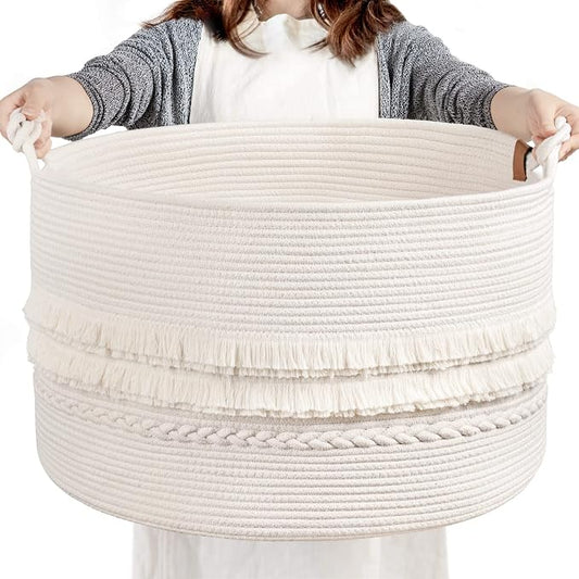 CherryNow 90L Large Woven Rope Blanket Basket with Tassel, 22" x 14", White | Boho Basket for Toys, Clothes & Pillows Storage, Fits Bedroom Living Room Home Décor, Laundry Hamper with Knotted Handles