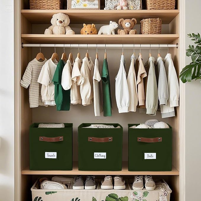 DECOMOMO Storage Bins, Cube Storage Bin with Labels | 10.5" x 11" Fabric Storage Cubes for Shelves (6pcs, Olive Green)