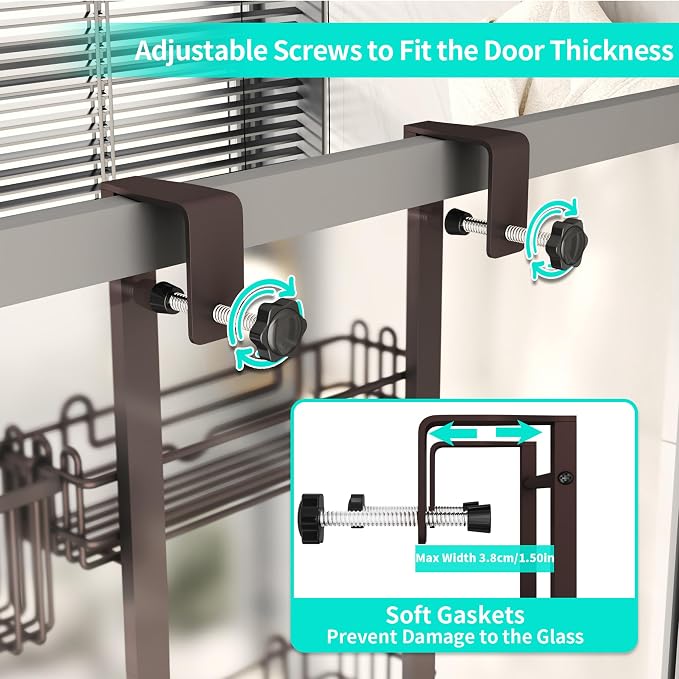 HapiRm 4 Tier Over the Door Shower Caddy, Hanging Shower Caddy with 22 Hooks and 2 Toothbrush Holders, No Drilling Adjustable Hanging Bathroom Organizer - Bronze