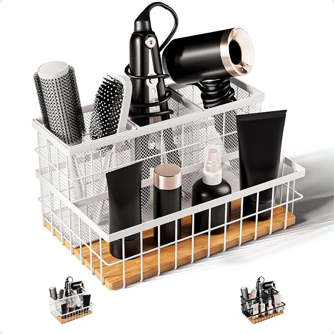 Hair Tool Organizer Countertop, Breathable Metal & Bamboo, Heat-Resistant | No Assembly Required, Removable Baskets, Heat-Resistant Iron, Bamboo Base, Spacious & Breathable Hot Tools Organizer Vanity